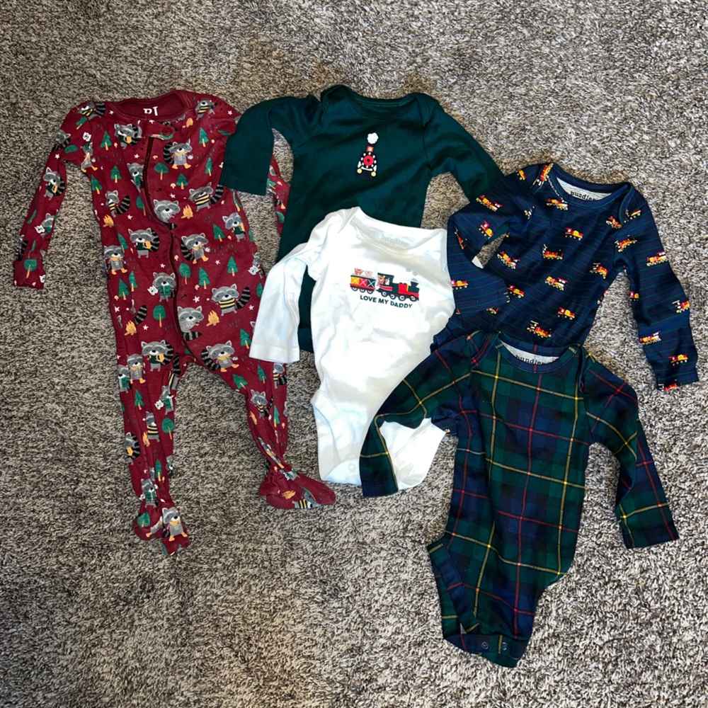 Bundles baby place, 3-6 month, long sleeve onesies and footie, trains & raccoon